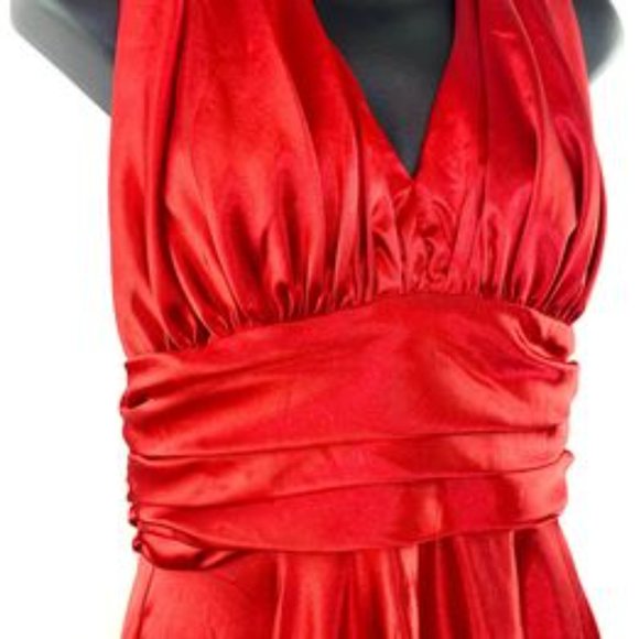 Medium Elegant Party Fiesta classic Red Satin Scarlet Halter Maxi Dress - Picture 1 of 7